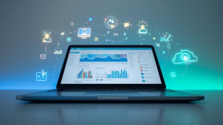 Futuristic digital workspace with a glowing laptop, floating text paragraphs, SEO keywords, and creative content icons.