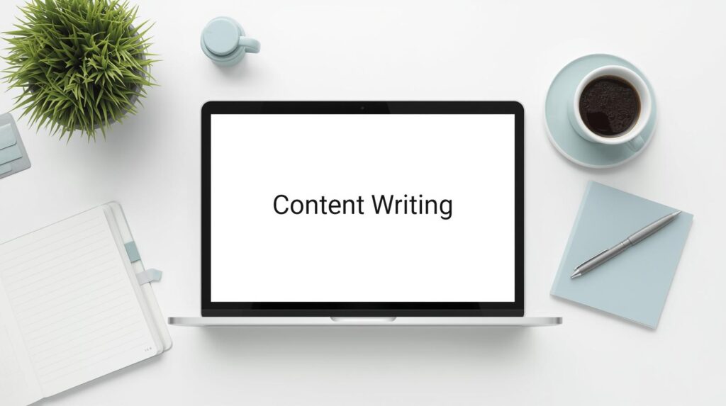 Flat lay of a laptop showing a blank content writing document with notebook, coffee cup, and pen on a white desk.