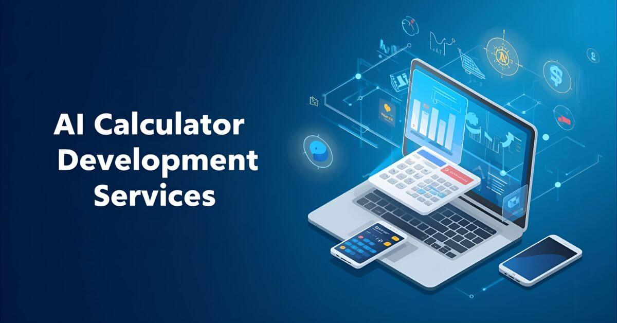 Illustration of AI-powered calculator on laptop and mobile with industry icons representing finance, health, and education, symbolizing smart and responsive calculator development