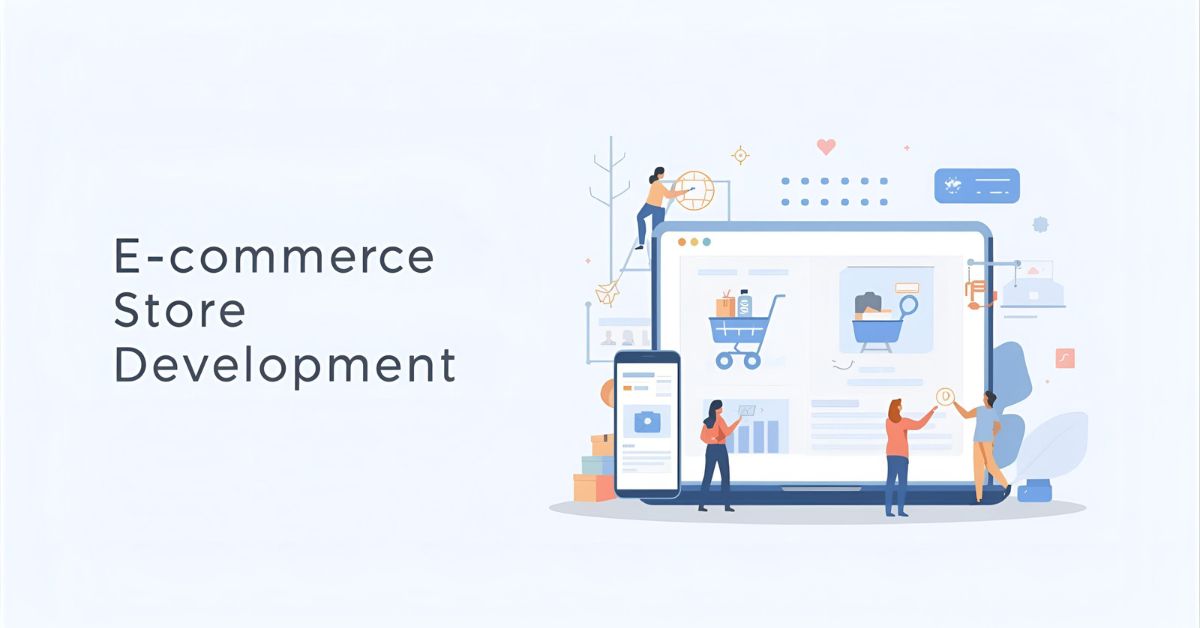 Light-themed illustration showing a laptop and mobile with an e-commerce store interface, shopping cart icons, and customers shopping online.