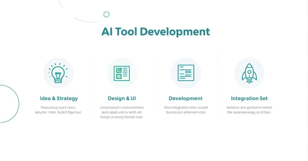 Light-themed infographic showing four steps of AI tool development—idea, design, coding, and launch—with clean icons and pastel colors.