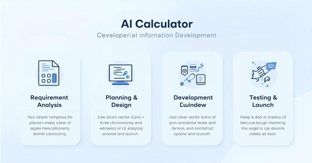 Infographic showing 4-step AI calculator development process—requirement analysis, planning, coding, and launch—with modern tech-style icons and clean layout.