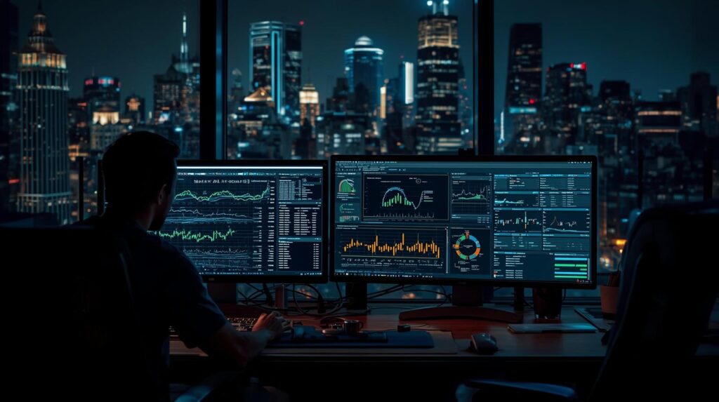 A city-view office at night with glowing monitors showing digital marketing analytics and ad campaign data, skyscrapers visible through the windows.
