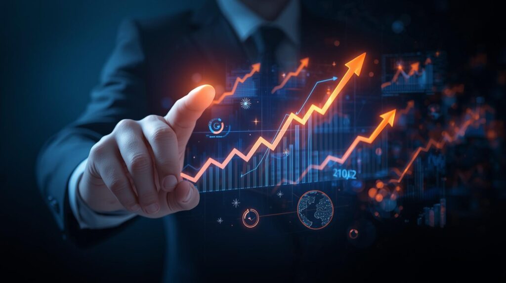 A digital concept image of a hand pointing at floating 3D charts, graphs, and upward arrows, symbolizing business growth, performance tracking, and analytics success.