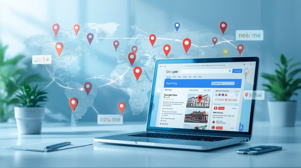 Digital marketing concept showing GEO SEO strategy with world map, glowing location pins, and Google Maps rankings on a laptop screen.