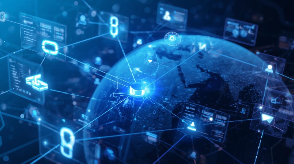 Digital marketing concept illustrating off-page SEO strategy with connected websites, backlinks, and domain authority metrics.