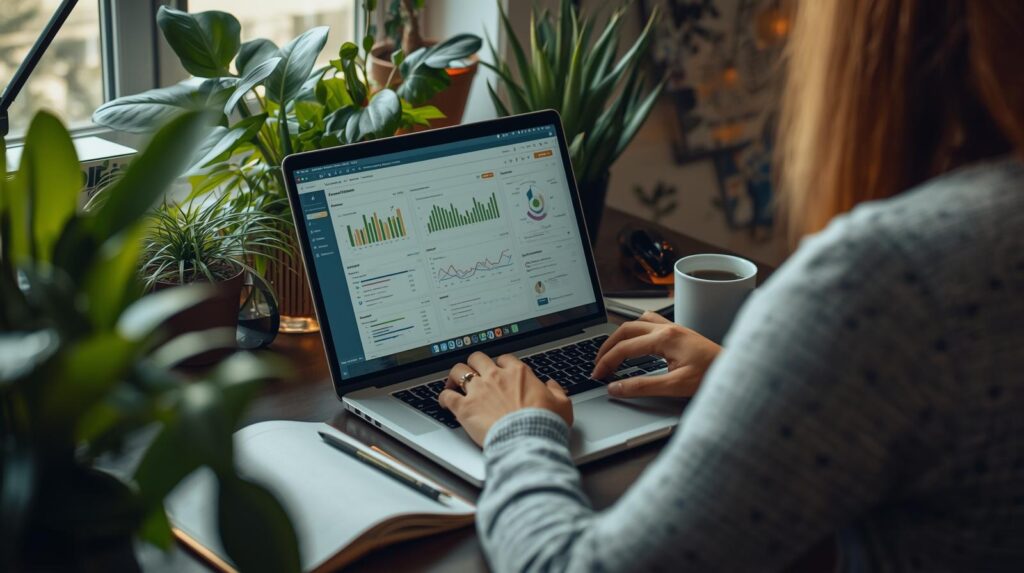 A freelance digital marketer working on a laptop at a cozy home office desk with plants, notebooks, and a coffee cup, analyzing digital marketing dashboards.