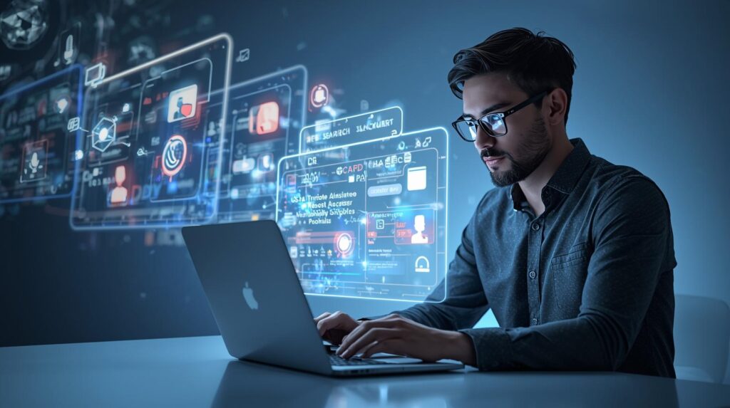 Modern digital concept of Answer Engine Optimization with AI chat interfaces, voice assistants, and search snippets on screen.