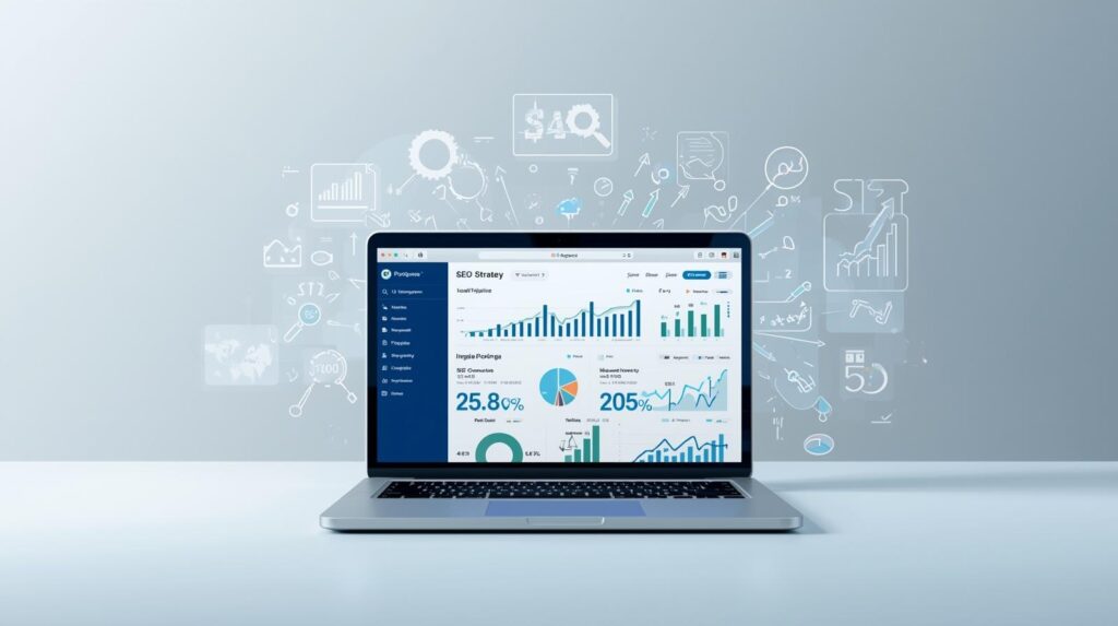 A modern digital marketing workspace focused on SEO strategy — laptop displaying analytics dashboard, graphs, search engine ranking data, and keyword charts. Surrounded by floating SEO-related icons like magnifying gl