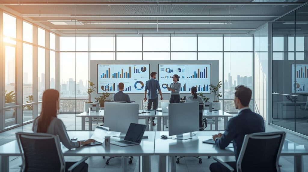 A modern digital marketing office with a professional team analyzing SEO charts on large screens in a bright, glass-walled workspace.