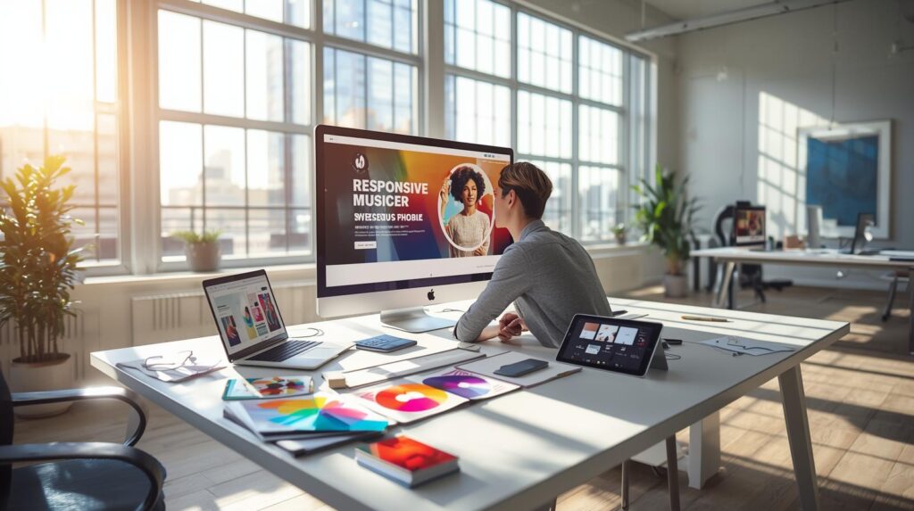 A modern web design studio with a designer working on a large monitor showing a responsive website mockup, surrounded by a laptop, sketchpads, color swatches, and a tablet.