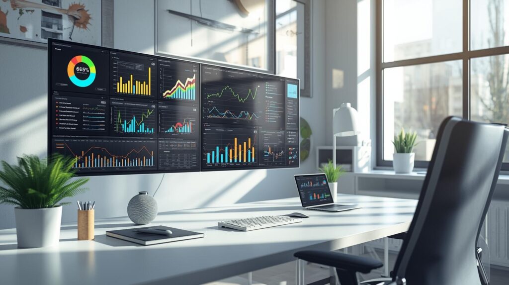 A modern workspace with multiple screens displaying data visualizations, including pie charts, bar graphs, and performance dashboards, with a clean, minimalist setup and natural lighting.