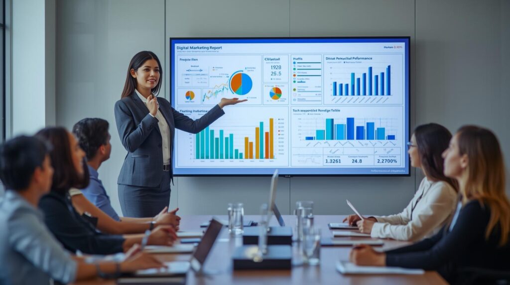 A professional presenting a digital marketing report on a large screen to colleagues in a bright corporate meeting room, showing graphs, analytics data, and performance summaries.