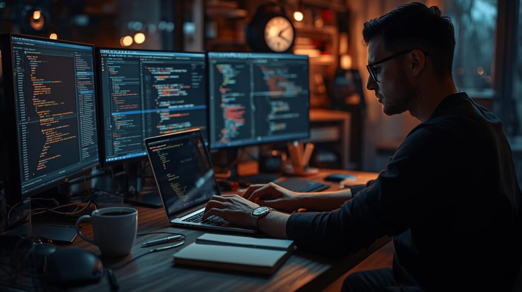 A web developer typing HTML, CSS, and JavaScript code on a laptop in a modern office, with multiple screens showing colorful code editors and preview windows, surrounded by a coffee cup, notebook, and tech accessories.