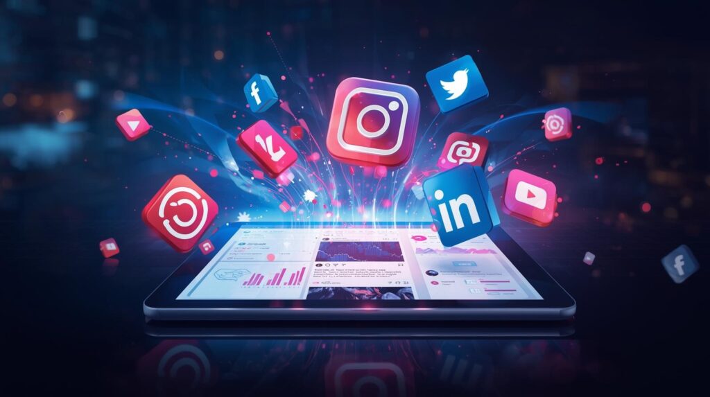 Floating social media icons around a digital tablet displaying engagement graphs and posts in a futuristic, colorful style.