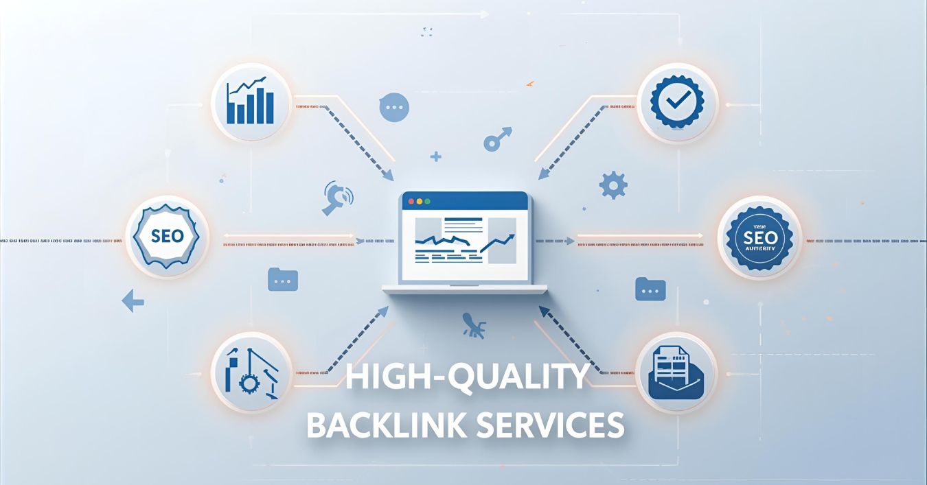 Illustration showing a central website connected to multiple high-authority sites through glowing backlinks, representing SEO authority building and ranking growth.