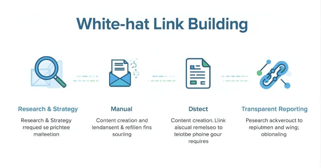 Infographic displaying five steps of white-hat link building: research, manual outreach, content creation, link placement, and transparent reporting with professional icons and clean design.