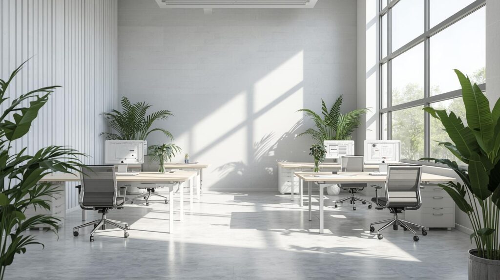A bright modern office with large windows, minimalist furniture, sleek desks, ergonomic chairs, and indoor plants illuminated by natural light.