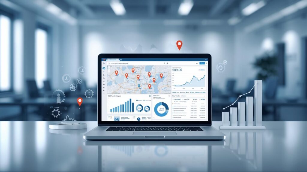 A digital marketing workspace showing a laptop with a map, location pins, and SEO analytics charts representing local SEO skills and optimization.
