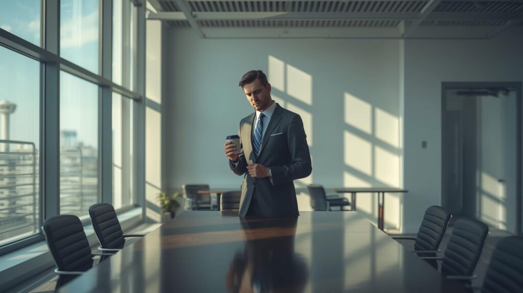 A tired businessman in a formal suit standing alone in a bright conference room beside a table, holding a coffee cup with a weary expression.
