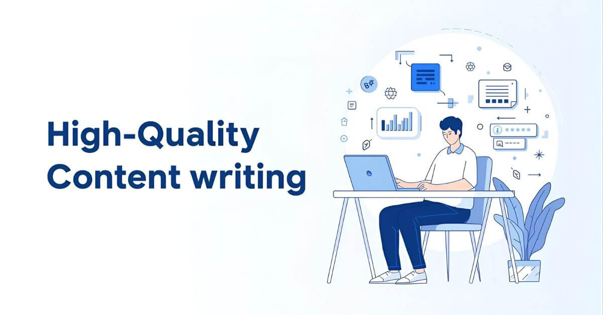 Illustration of a content writer creating SEO-optimized content with blog icons, keyword tags, and ranking charts to represent professional content writing services.