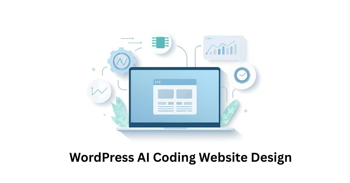 A clean, modern flat illustration featuring a laptop with website wireframes, AI chip, and SEO graph arrows in pastel tones — perfect for tech and web design visuals.